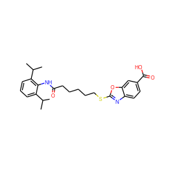 CC(C)c1cccc(C(C)C)c1NC(=O)CCCCCSc1nc2ccc(C(=O)O)cc2o1 ZINC000197648256