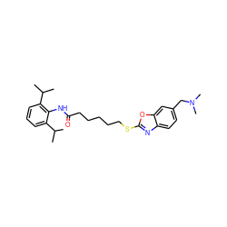 CC(C)c1cccc(C(C)C)c1NC(=O)CCCCCSc1nc2ccc(CN(C)C)cc2o1 ZINC000203965214