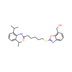 CC(C)c1cccc(C(C)C)c1NC(=O)CCCCCSc1nc2cccc(CO)c2o1 ZINC000197648636