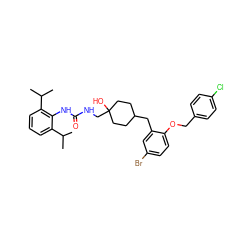 CC(C)c1cccc(C(C)C)c1NC(=O)NCC1(O)CCC(Cc2cc(Br)ccc2OCc2ccc(Cl)cc2)CC1 ZINC000103194954