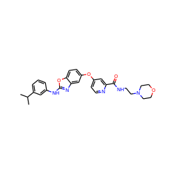 CC(C)c1cccc(Nc2nc3cc(Oc4ccnc(C(=O)NCCN5CCOCC5)c4)ccc3o2)c1 ZINC000071333366