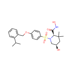 CC(C)c1ccccc1COc1ccc(S(=O)(=O)N2C[C@H](O)CC(C)(C)[C@@H]2C(=O)NO)cc1 ZINC000028470156