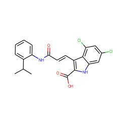 CC(C)c1ccccc1NC(=O)/C=C/c1c(C(=O)O)[nH]c2cc(Cl)cc(Cl)c12 ZINC000013761295