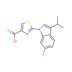 CC(C)c1cn(-c2nc(C(=O)O)cs2)c2cc(Cl)ccc12 ZINC000029044721