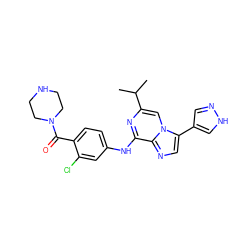 CC(C)c1cn2c(-c3cn[nH]c3)cnc2c(Nc2ccc(C(=O)N3CCNCC3)c(Cl)c2)n1 ZINC000072123470