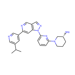 CC(C)c1cncc(-c2cc3c(cn2)cnn3-c2cccc(N3CCC[C@@H](N)C3)n2)c1 ZINC000211030536