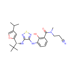 CC(C)c1coc([C@H](Nc2nsnc2Nc2cccc(C(=O)N(C)CCC#N)c2O)C(C)(C)C)c1 ZINC000040866072