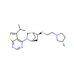 CC(C)c1csc2ncnc(N3C[C@H]4C[C@H]3C[C@@H]4OCCN3CC[C@H](F)C3)c12 ZINC000653666696