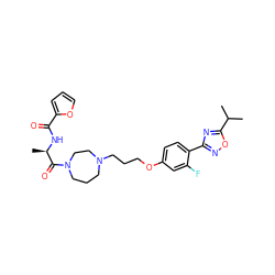 CC(C)c1nc(-c2ccc(OCCCN3CCCN(C(=O)[C@@H](C)NC(=O)c4ccco4)CC3)cc2F)no1 ZINC000013589357