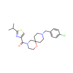 CC(C)c1nc(C(=O)N2CCOC3(CCN(Cc4ccc(Cl)cc4)CC3)C2)cs1 ZINC000064548899