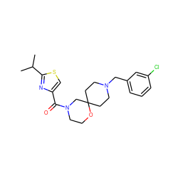 CC(C)c1nc(C(=O)N2CCOC3(CCN(Cc4cccc(Cl)c4)CC3)C2)cs1 ZINC000064559236