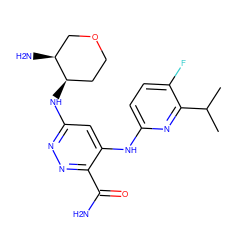 CC(C)c1nc(Nc2cc(N[C@@H]3CCOC[C@@H]3N)nnc2C(N)=O)ccc1F ZINC000169308342