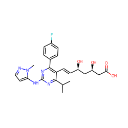 CC(C)c1nc(Nc2ccnn2C)nc(-c2ccc(F)cc2)c1/C=C/[C@@H](O)C[C@@H](O)CC(=O)O ZINC000014978016