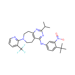 CC(C)c1nc2c(c(Nc3ccc(C(C)(C)C)c([N+](=O)[O-])c3)n1)CCN(c1ncccc1C(F)(F)F)CC2 ZINC000148511699