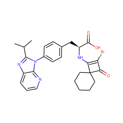 CC(C)c1nc2cccnc2n1-c1ccc(C[C@H](NC2=C(Br)C(=O)C23CCCCC3)C(=O)O)cc1 ZINC000100077487