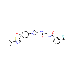 CC(C)c1ncc([C@]2(O)CC[C@H](N3CC(NC(=O)CNC(=O)c4cccc(C(F)(F)F)c4)C3)CC2)s1 ZINC000101588036