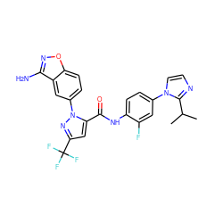 CC(C)c1nccn1-c1ccc(NC(=O)c2cc(C(F)(F)F)nn2-c2ccc3onc(N)c3c2)c(F)c1 ZINC000013611519