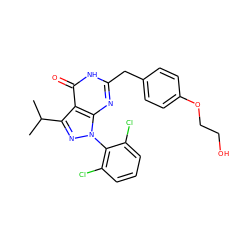 CC(C)c1nn(-c2c(Cl)cccc2Cl)c2nc(Cc3ccc(OCCO)cc3)[nH]c(=O)c12 ZINC000029056064