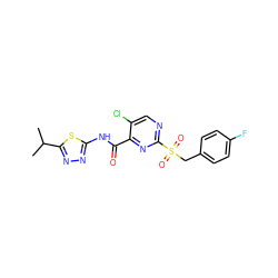 CC(C)c1nnc(NC(=O)c2nc(S(=O)(=O)Cc3ccc(F)cc3)ncc2Cl)s1 ZINC000008916955