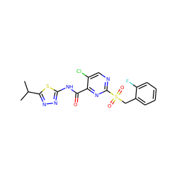 CC(C)c1nnc(NC(=O)c2nc(S(=O)(=O)Cc3ccccc3F)ncc2Cl)s1 ZINC000008916818