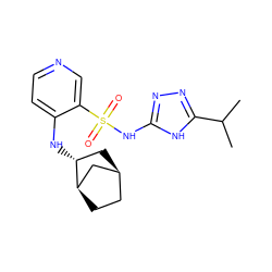 CC(C)c1nnc(NS(=O)(=O)c2cnccc2N[C@@H]2C[C@H]3CC[C@@H]2C3)[nH]1 ZINC000071330710