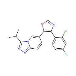 CC(C)c1nnc2ccc(-c3ocnc3-c3ccc(F)cc3Cl)cn12 ZINC000014961202