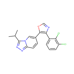 CC(C)c1nnc2ccc(-c3ocnc3-c3cccc(Cl)c3Cl)cn12 ZINC000014961217