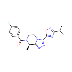 CC(C)c1noc(-c2nnc3n2CCN(C(=O)c2ccc(F)cc2)[C@@H]3C)n1 ZINC000473132720