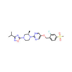 CC(C)c1noc(N2CCN(c3ncc(OCc4ccc(S(C)(=O)=O)cc4F)cn3)[C@H](C)C2)n1 ZINC000299828741