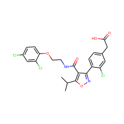 CC(C)c1onc(-c2ccc(CC(=O)O)cc2Cl)c1C(=O)NCCOc1ccc(Cl)cc1Cl ZINC000037866930