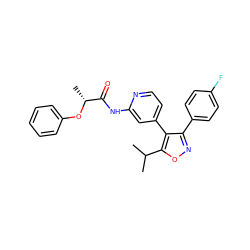 CC(C)c1onc(-c2ccc(F)cc2)c1-c1ccnc(NC(=O)[C@@H](C)Oc2ccccc2)c1 ZINC000045246054