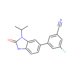 CC(C)n1c(=O)[nH]c2ccc(-c3cc(F)cc(C#N)c3)cc21 ZINC000028469750