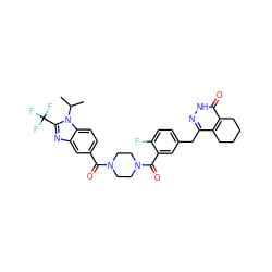 CC(C)n1c(C(F)(F)F)nc2cc(C(=O)N3CCN(C(=O)c4cc(Cc5n[nH]c(=O)c6c5CCCC6)ccc4F)CC3)ccc21 ZINC000147022517