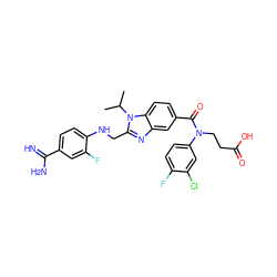 CC(C)n1c(CNc2ccc(C(=N)N)cc2F)nc2cc(C(=O)N(CCC(=O)O)c3ccc(F)c(Cl)c3)ccc21 ZINC000653794134