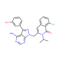 CC(C)n1c(Cn2nc(-c3cccc(O)c3)c3c(N)ncnc32)cc2cccc(Cl)c2c1=O ZINC000088345828