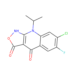 CC(C)n1c2cc(Cl)c(F)cc2c(=O)c2c(=O)o[nH]c21 ZINC000100412986