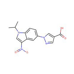 CC(C)n1cc([N+](=O)[O-])c2cc(-n3cc(C(=O)O)cn3)ccc21 ZINC000068266917