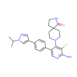 CC(C)n1cc(-c2ccc(-c3cnc(N)c(Cl)c3N3CCC4(CCNC4=O)CC3)cc2)cn1 ZINC000143305862