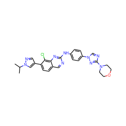 CC(C)n1cc(-c2ccc3cnc(Nc4ccc(-n5cnc(N6CCOCC6)n5)cc4)nc3c2Cl)cn1 ZINC000071319368