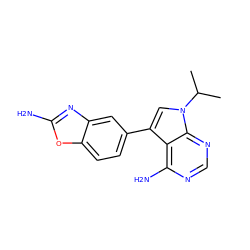 CC(C)n1cc(-c2ccc3oc(N)nc3c2)c2c(N)ncnc21 ZINC000142629775