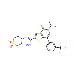 CC(C)n1cc(-c2cccc(C(F)(F)F)c2)c2sc(/C(N)=N/C3CCS(=O)(=O)CC3)cc2c1=O ZINC000653699435