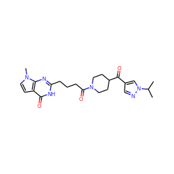 CC(C)n1cc(C(=O)C2CCN(C(=O)CCCc3nc4c(ccn4C)c(=O)[nH]3)CC2)cn1 ZINC000653888024