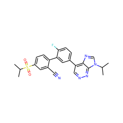 CC(C)n1cnc2c(-c3ccc(F)c(-c4ccc(S(=O)(=O)C(C)C)cc4C#N)c3)cnnc21 ZINC000149944666