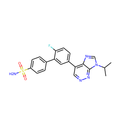 CC(C)n1cnc2c(-c3ccc(F)c(-c4ccc(S(N)(=O)=O)cc4)c3)cnnc21 ZINC000150023390