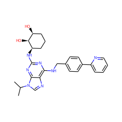 CC(C)n1cnc2c(NCc3ccc(-c4ccccn4)cc3)nc(N[C@@H]3CCC[C@H](O)[C@@H]3O)nc21 ZINC000084739060