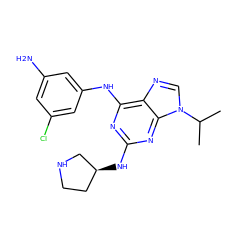 CC(C)n1cnc2c(Nc3cc(N)cc(Cl)c3)nc(N[C@H]3CCNC3)nc21 ZINC001772641662