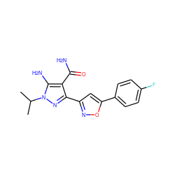 CC(C)n1nc(-c2cc(-c3ccc(F)cc3)on2)c(C(N)=O)c1N ZINC001772616140