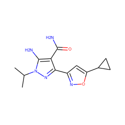 CC(C)n1nc(-c2cc(C3CC3)on2)c(C(N)=O)c1N ZINC001772601035