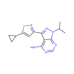 CC(C)n1nc(-c2cc(C3CC3)on2)c2c(N)ncnc21 ZINC000653771415