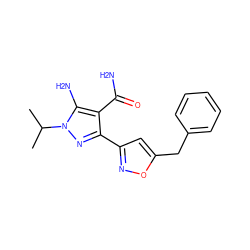 CC(C)n1nc(-c2cc(Cc3ccccc3)on2)c(C(N)=O)c1N ZINC001772613552